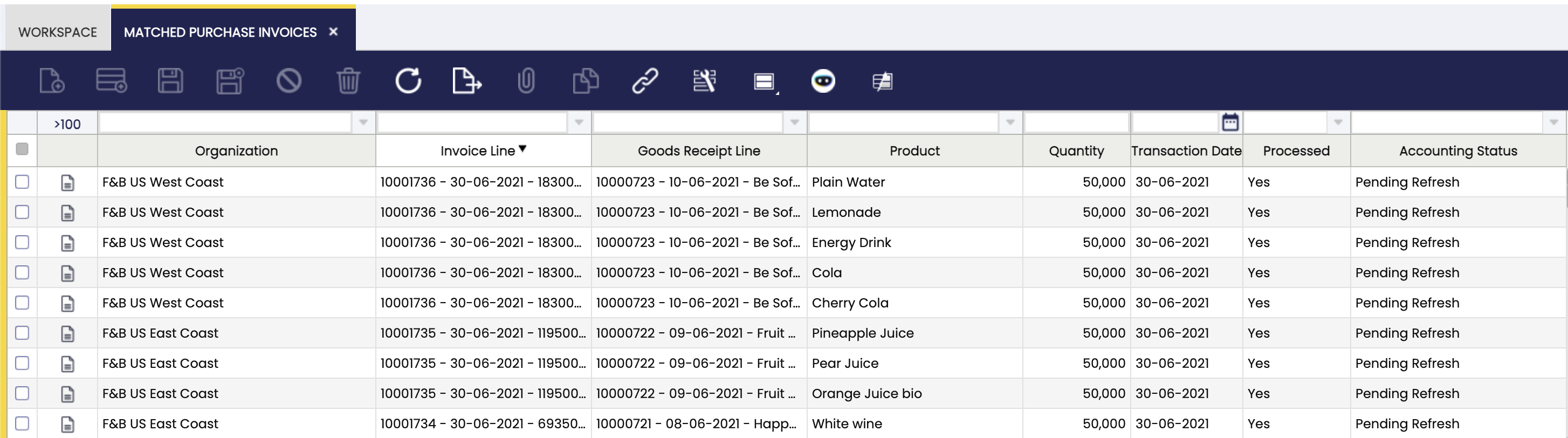 Matched Purchase Invoices window