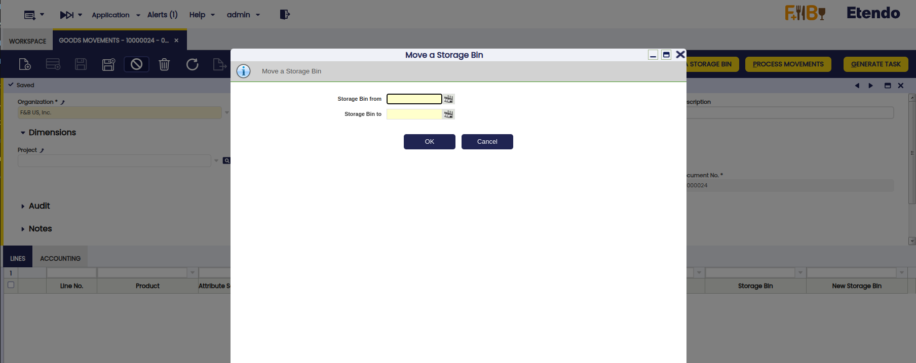 Move Storage Bin popup showing the source and destination bin selectors