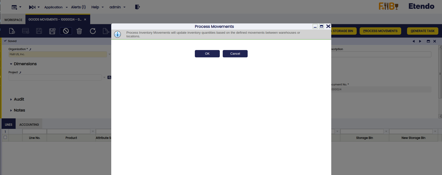 Process Movement button confirmation dialog in the Goods Movement window