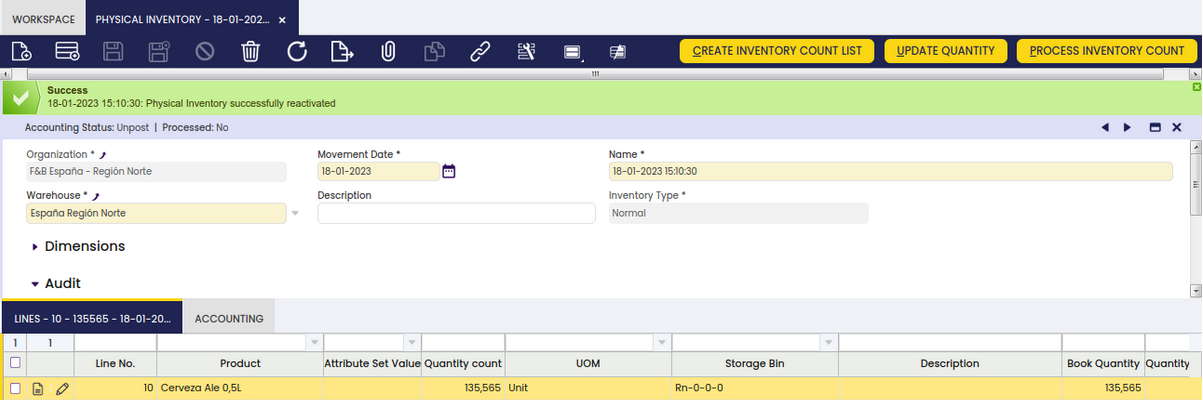 Physical Inventory document showing Not processed status after reactivation