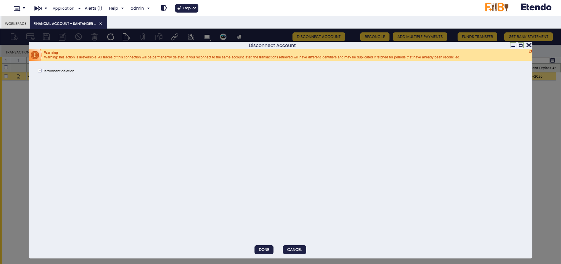 Disconnect Account dialog with the Permanent deletion checkbox