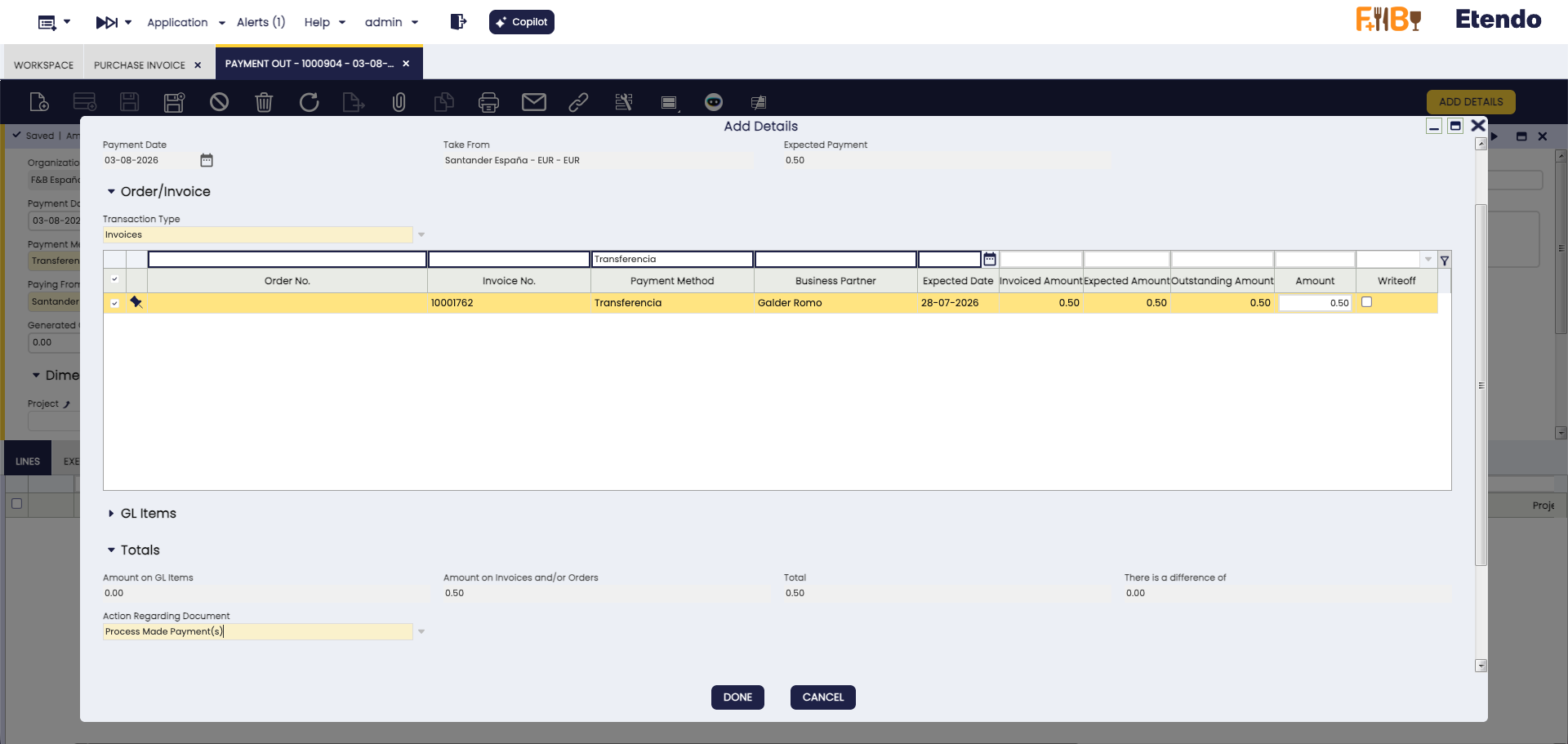 Add Details dialog for a Payment OUT with Process Made Payment(s) selected